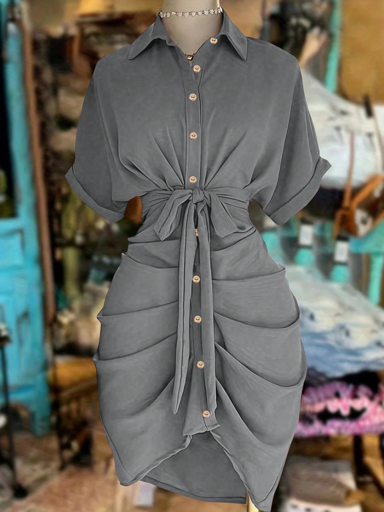 EMERY ROSE Collared Single-Breasted Tie-Waist Short Sleeve Shirt Dress