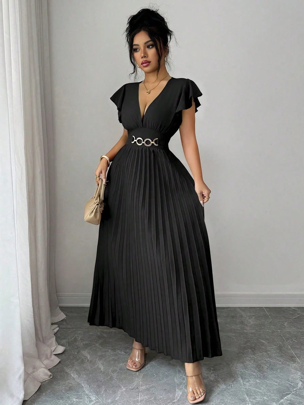 Elenzga New V-Neck Ruffle Sleeve Woven Solid Color Metal Decor