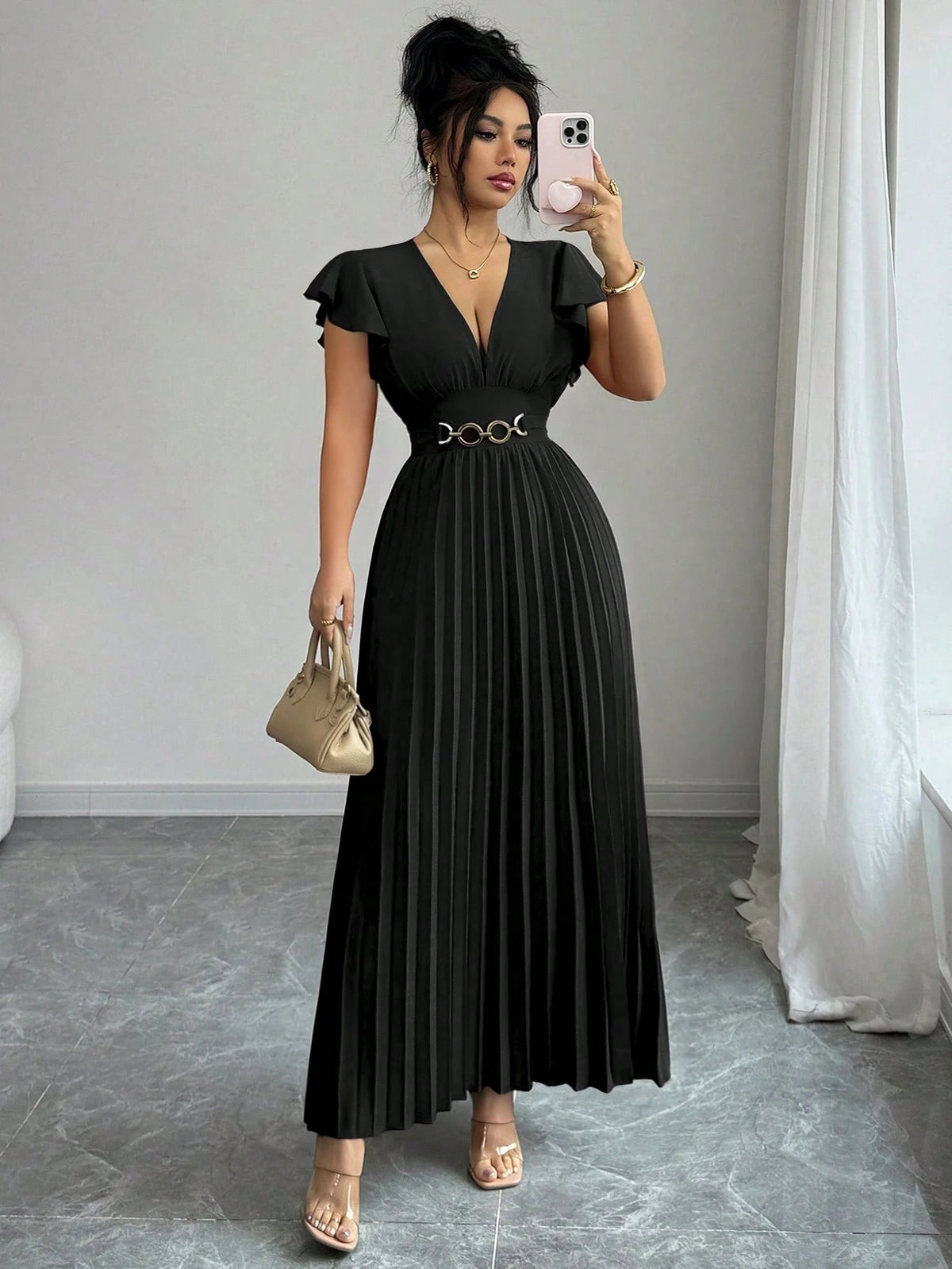Elenzga New V-Neck Ruffle Sleeve Woven Solid Color Metal Decor Pleated Design Elegant Young Party Cocktail - image 17