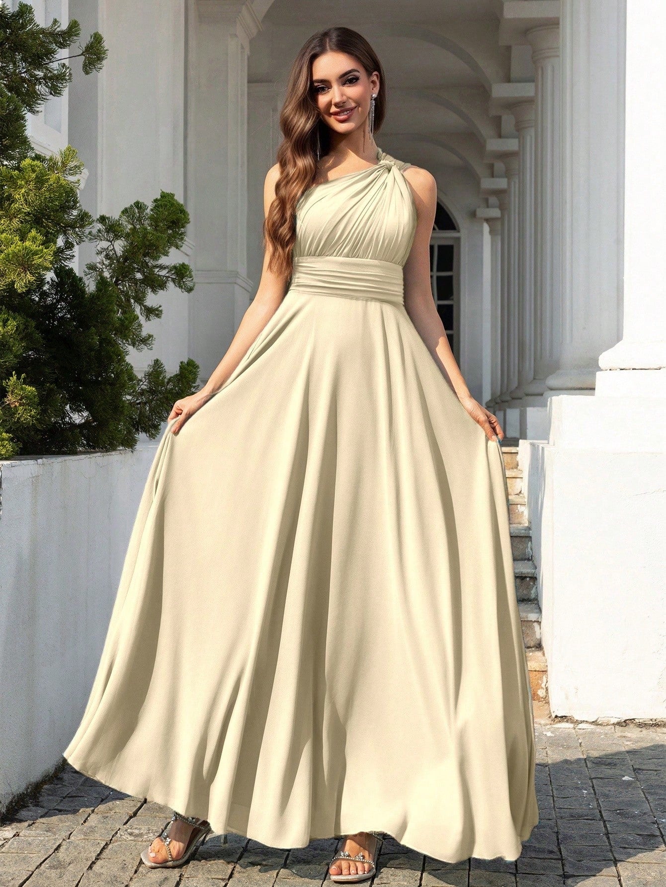 Volly Toych Elegant Sleeveless Long Bridesmaid Dress In Greyish Blue,