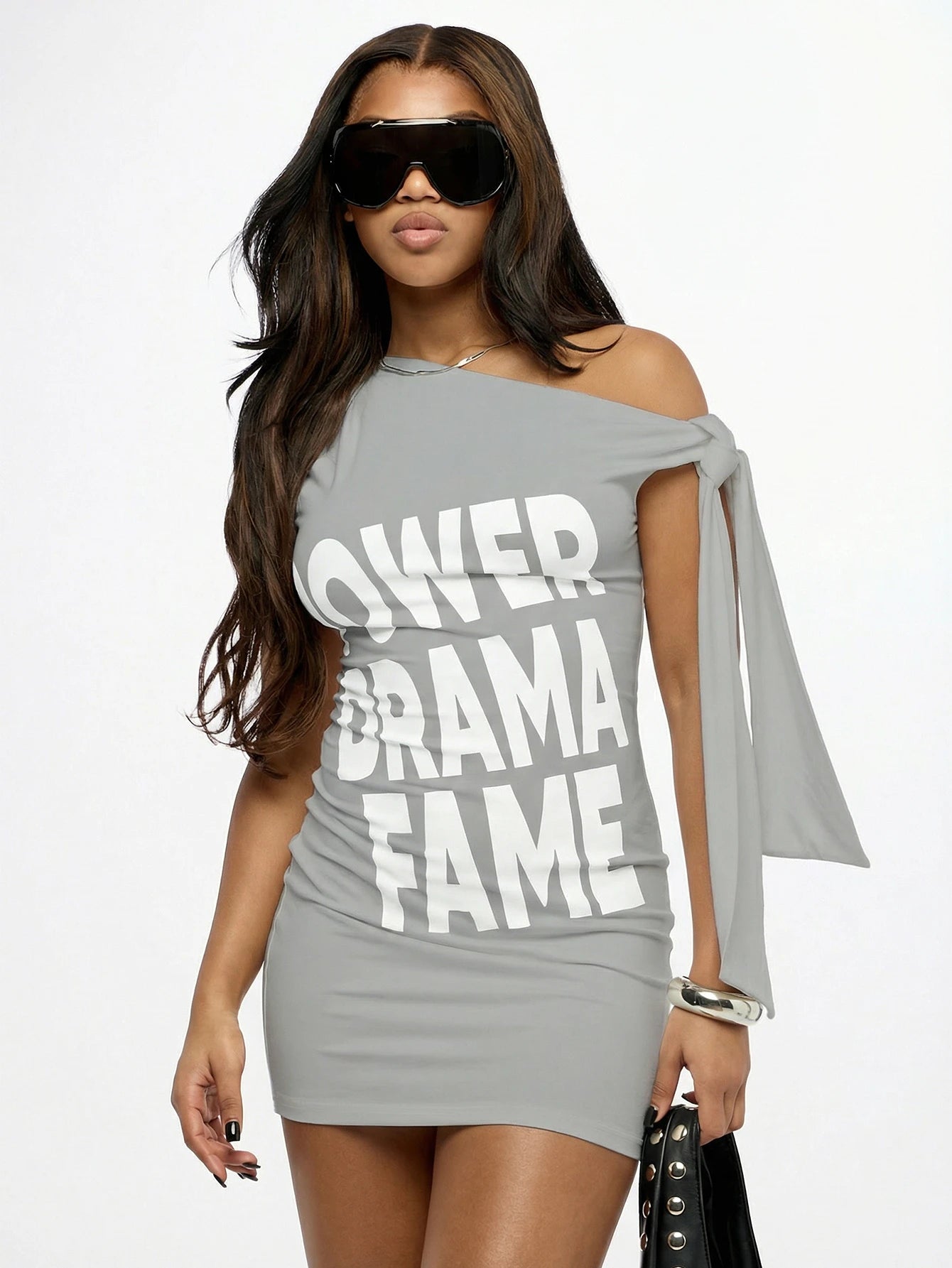 SUMWON WOMEN Slouchy Off Shoulder Graphic Print T-Shirt Mini Dress Statement Text Party Club Casual Urban - image 18