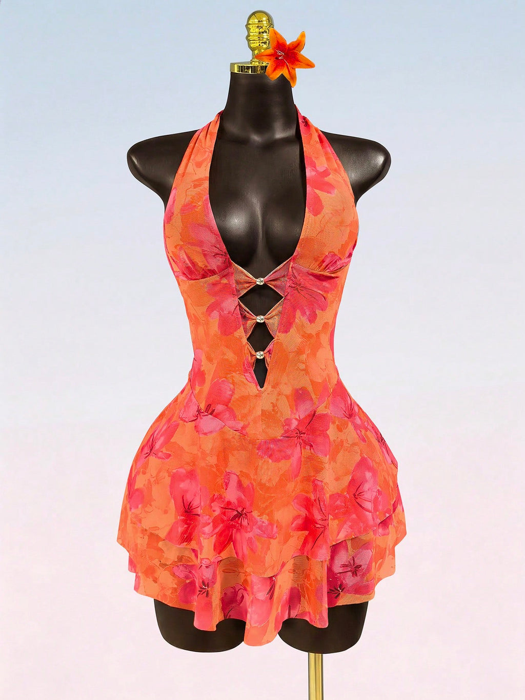 Lyxana Women's Summer Floral Print Mesh Dress,Backless Halter Neck