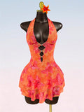 Lyxana Women's Summer Floral Print Mesh Dress,Backless Halter Neck