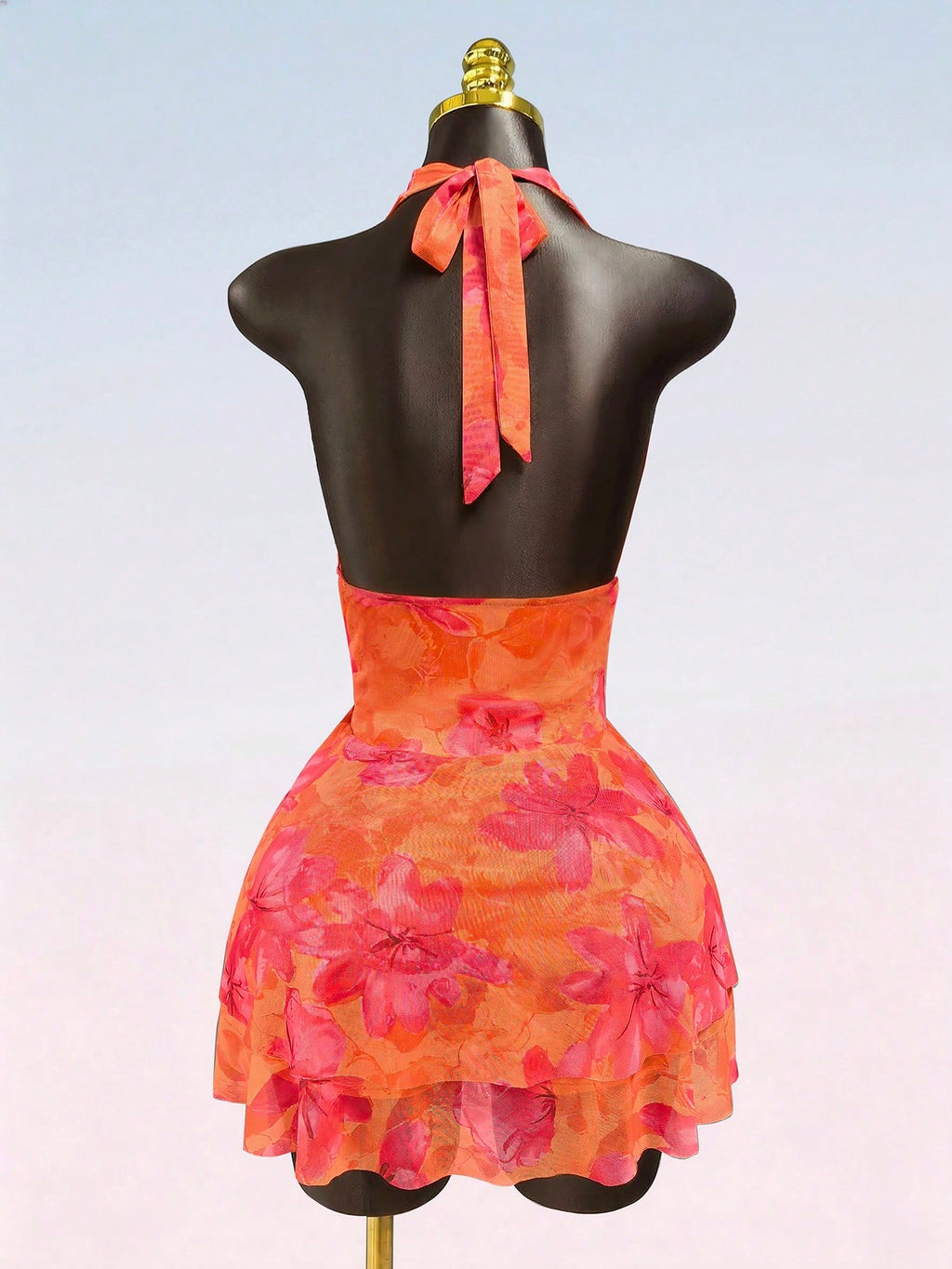 Lyxana Women's Summer Floral Print Mesh Dress,Backless Halter Neck