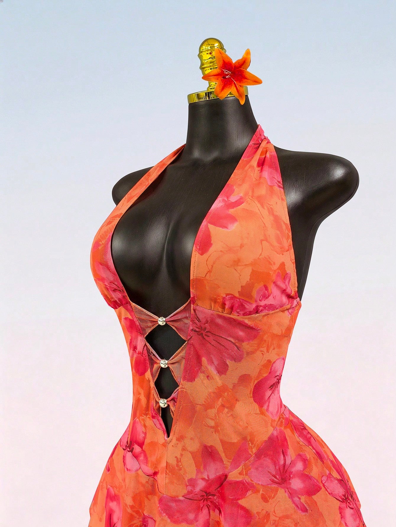 Lyxana Women's Summer Floral Print Mesh Dress,Backless Halter Neck