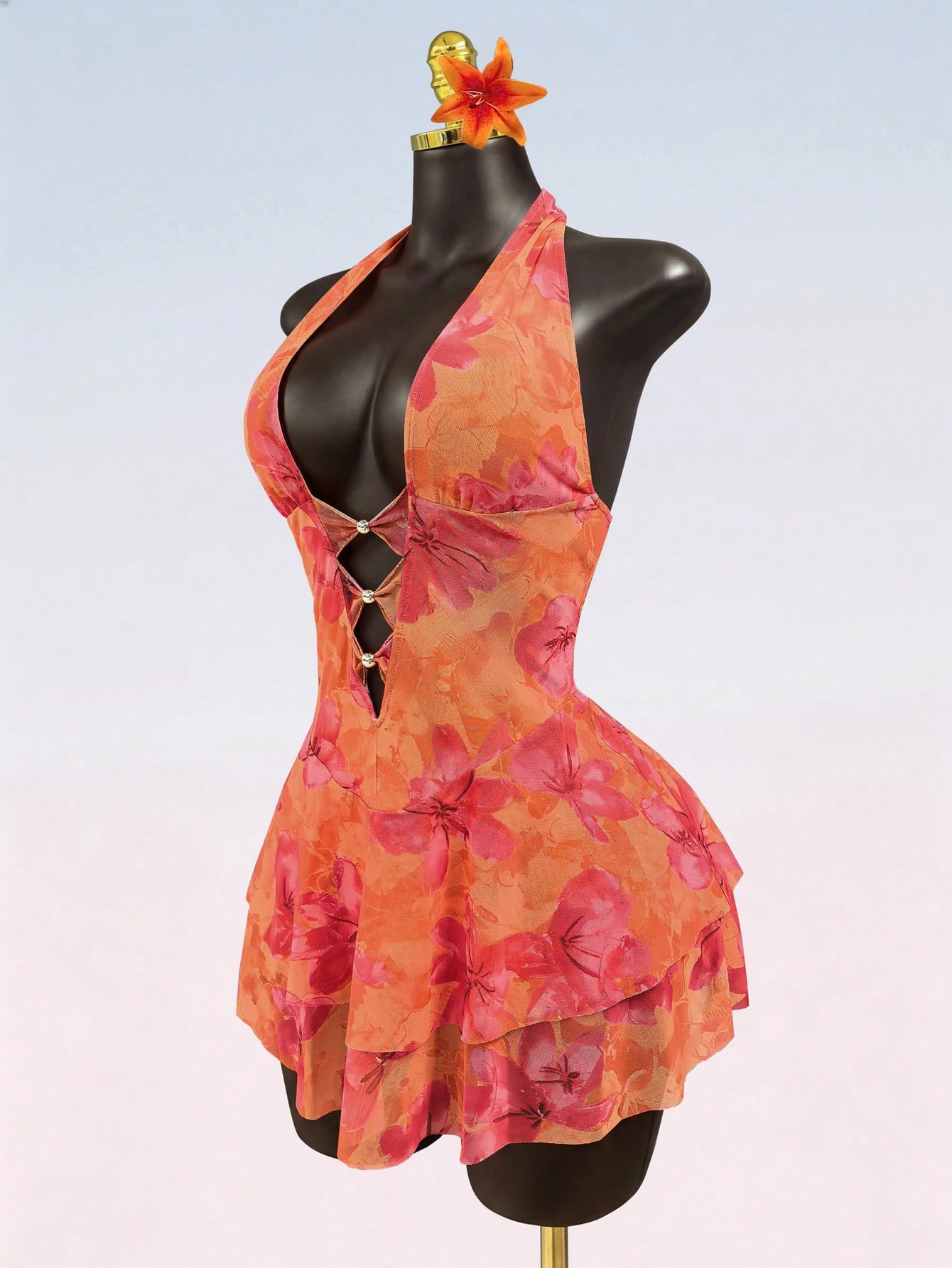 Lyxana Women's Summer Floral Print Mesh Dress,Backless Halter Neck