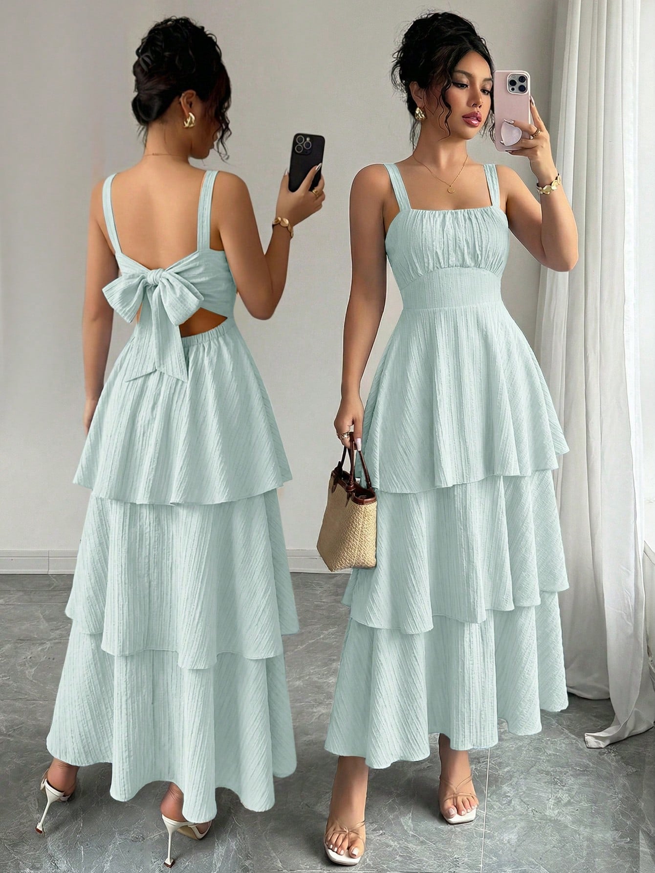 Elenzga Women's Elegant Sleeveless Layered Ruffle Dress, Textured Fabric, Suitable For Beach Dates, - image 15