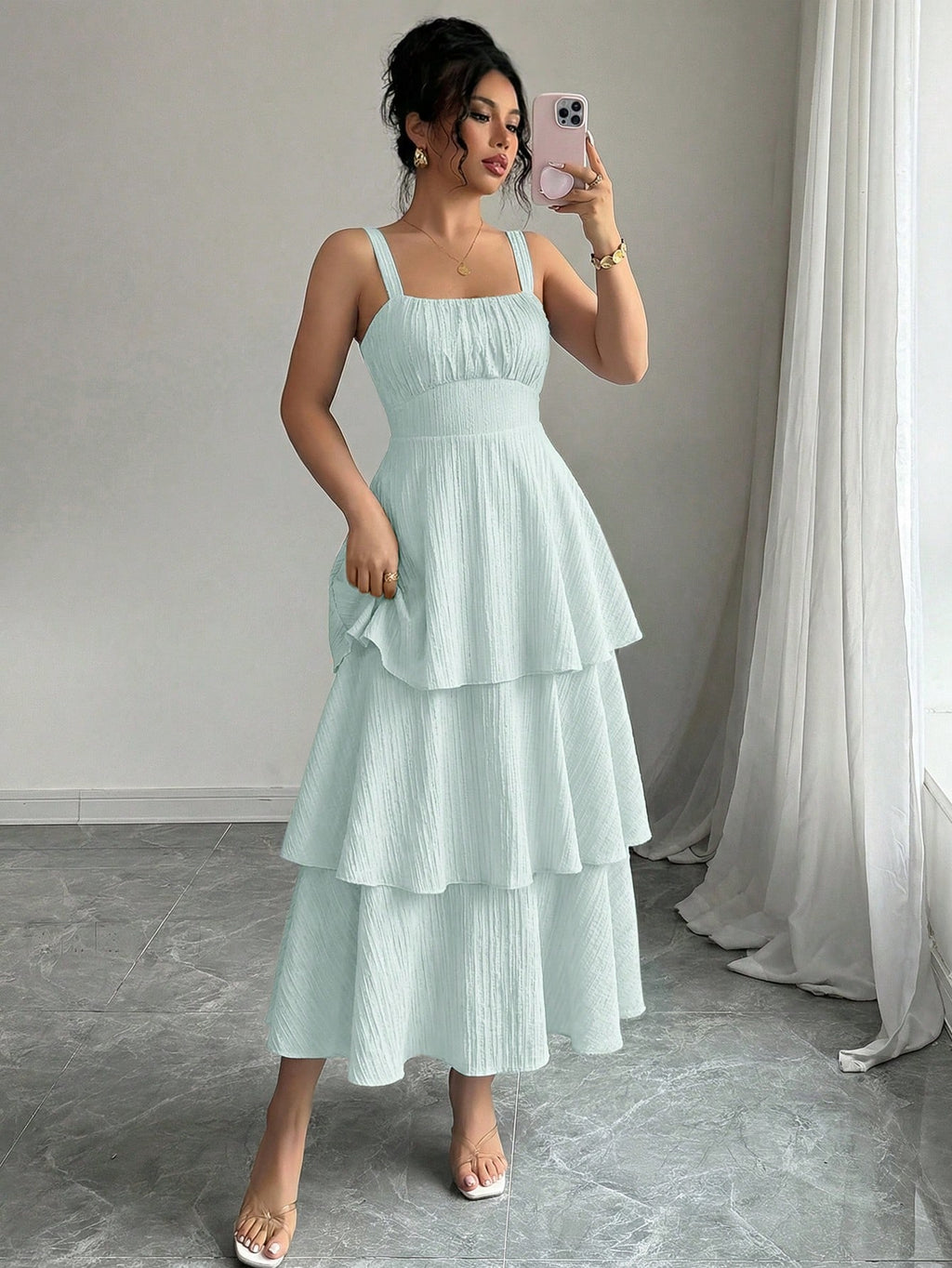 Elenzga Women's Elegant Sleeveless Layered Ruffle Dress, Textured Fabric, Suitable For Beach Dates, - image 18