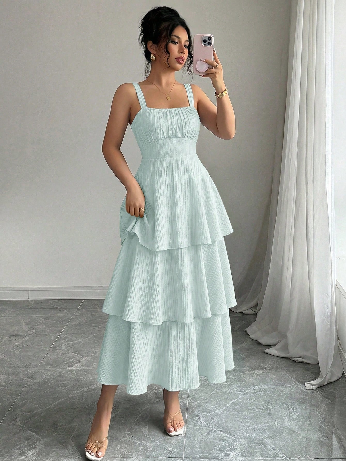 Elenzga Women's Elegant Sleeveless Layered Ruffle Dress, Textured Fabric, Suitable For Beach Dates, - image 18