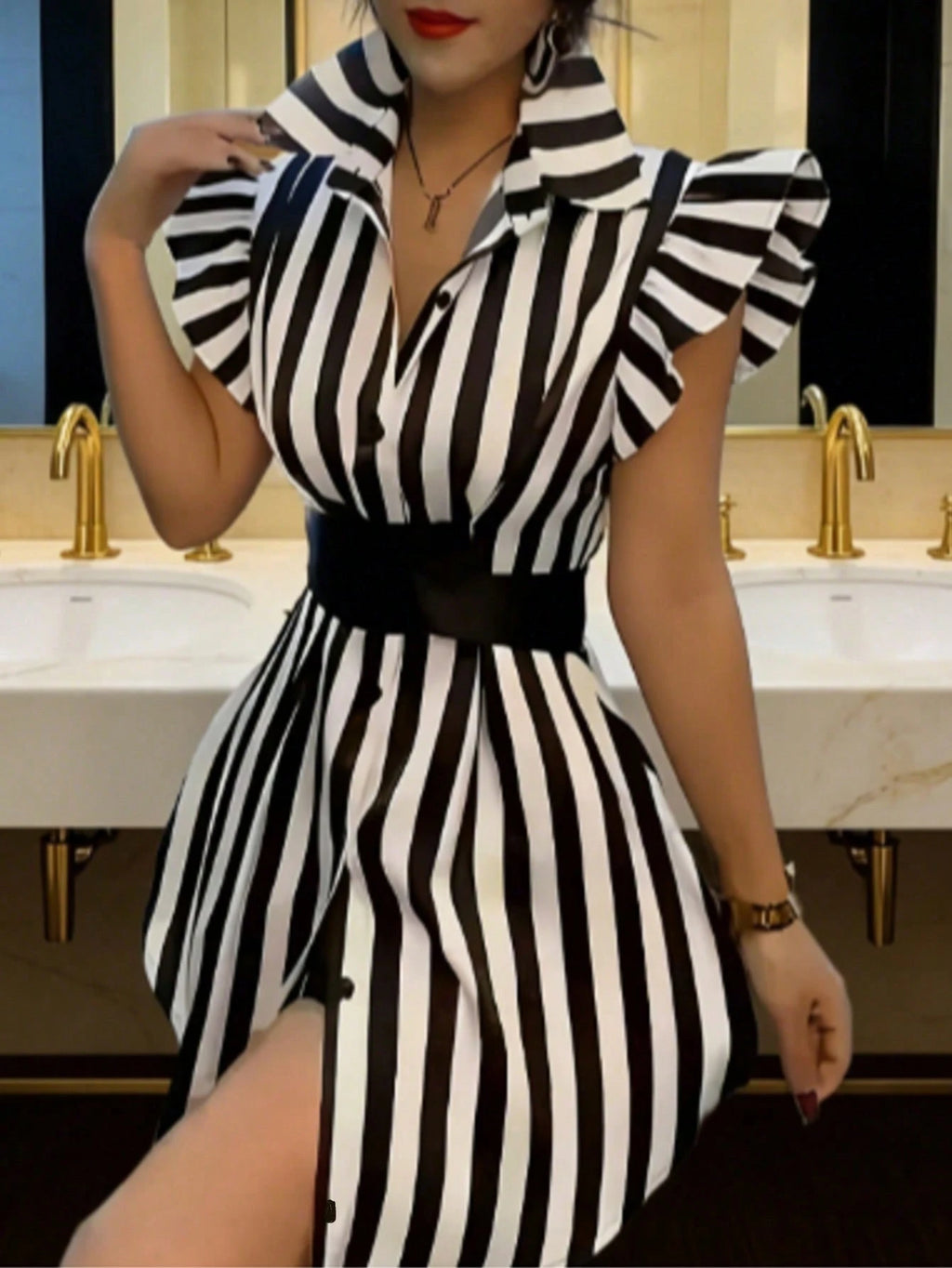 Women's Spring/Summer Striped Patchwork Solid Color Bow Tie Waist