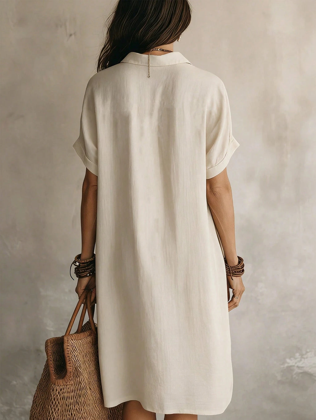 Women's Casual Ivory Woven Shirt Dress, Collared Short Sleeve Front
