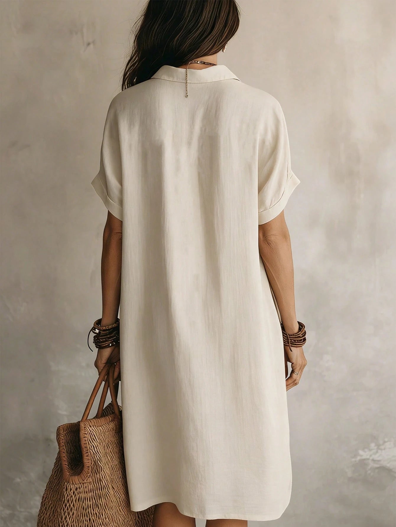 Women's Casual Ivory Woven Shirt Dress, Collared Short Sleeve Front Button Design, Asymmetric Hemline, Knee - image 2