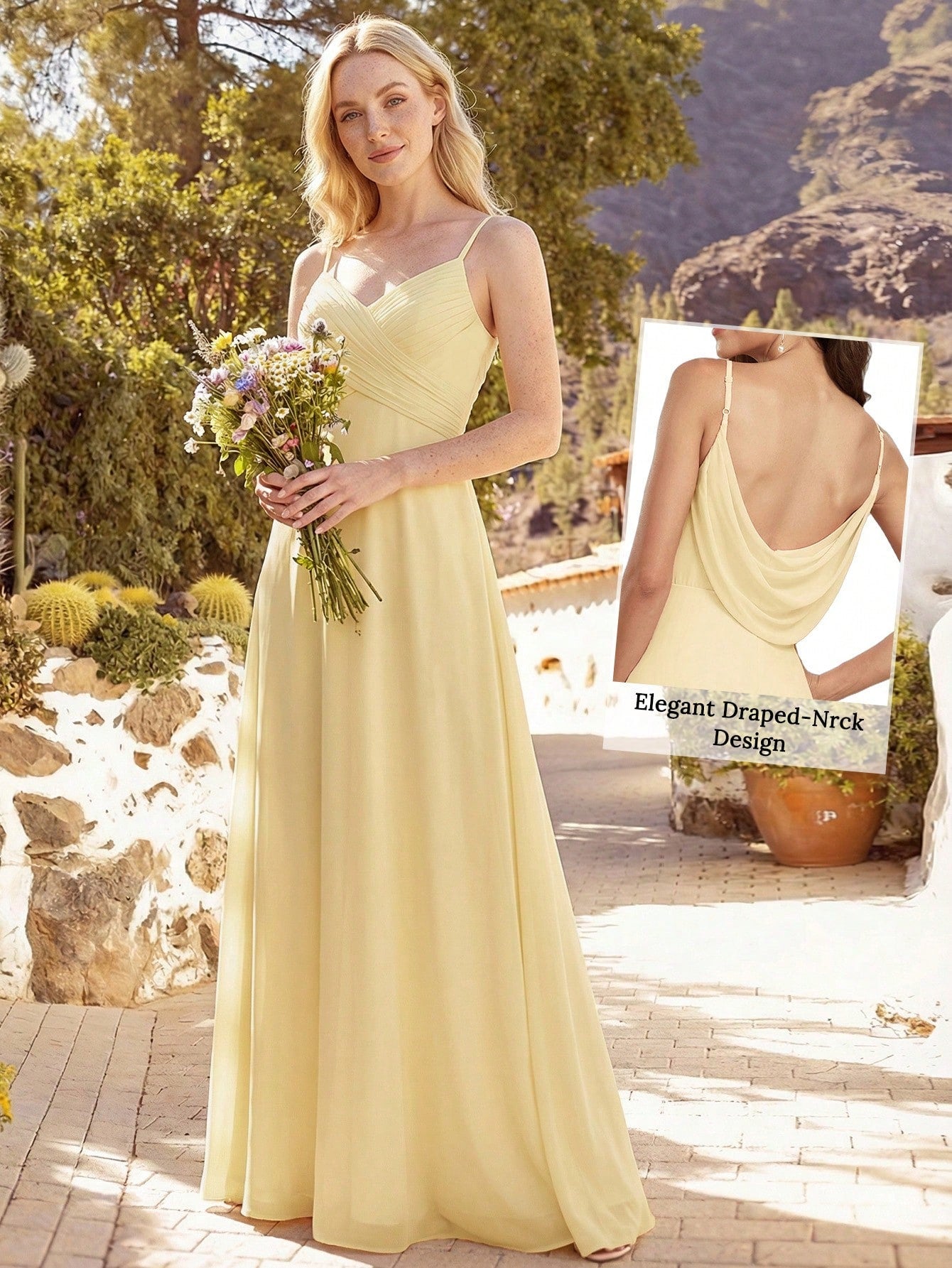 EVERPRETTY Spring Chiffon Spaghetti Strap Backless Pleated Pink