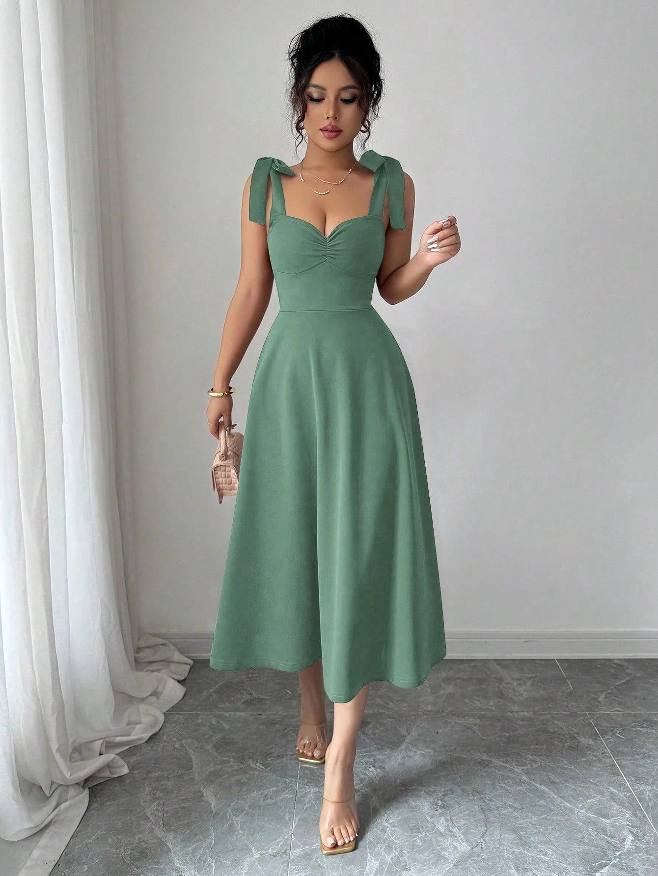 Elenzga Sleeveless Tie-Up Cinched Waist A-Line Elegant Romantic Women
