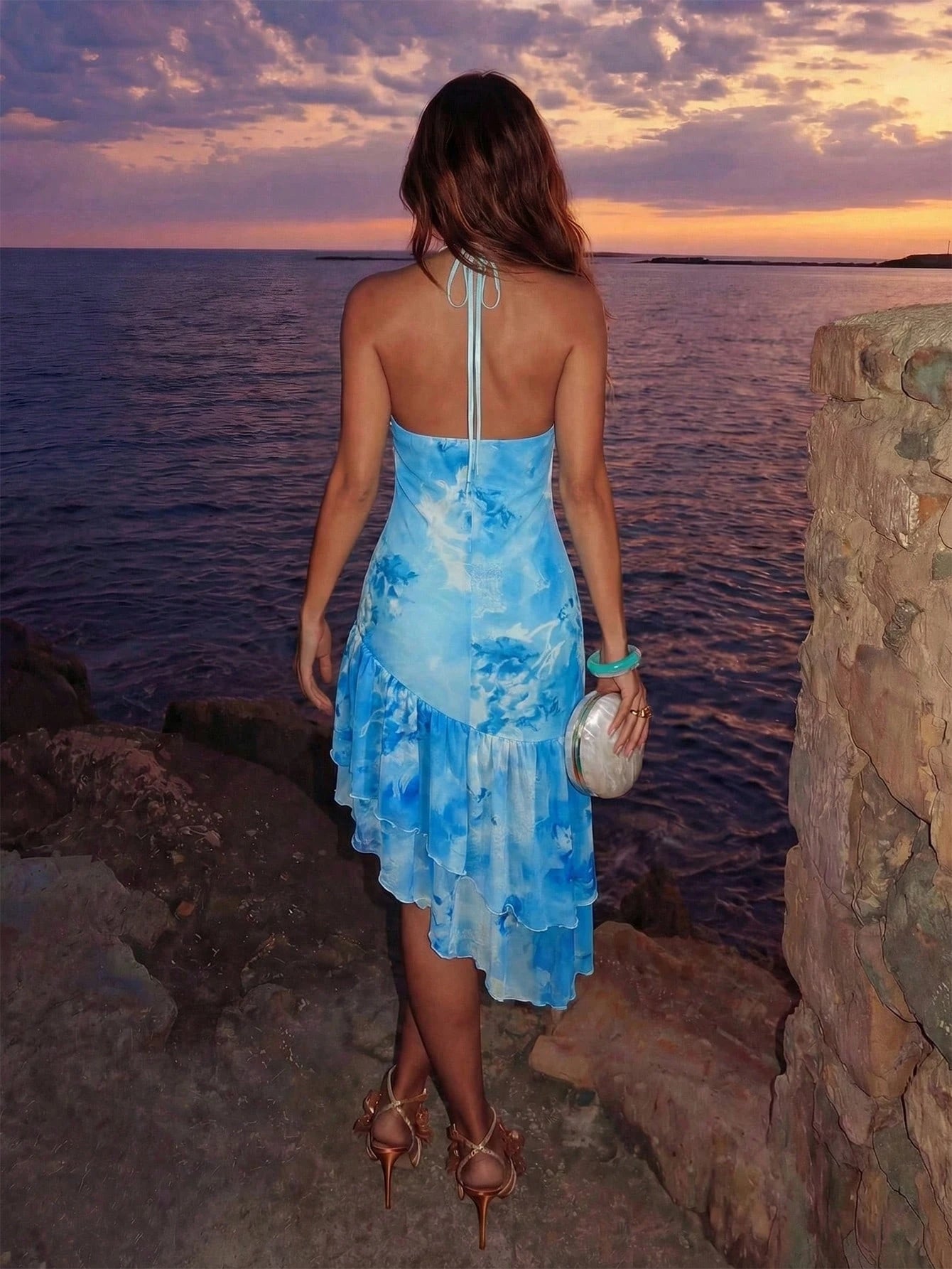 Allurite Asymmetric Hem Printed Halter Neck Dress, Women's Vacation Pink Dress - image 12