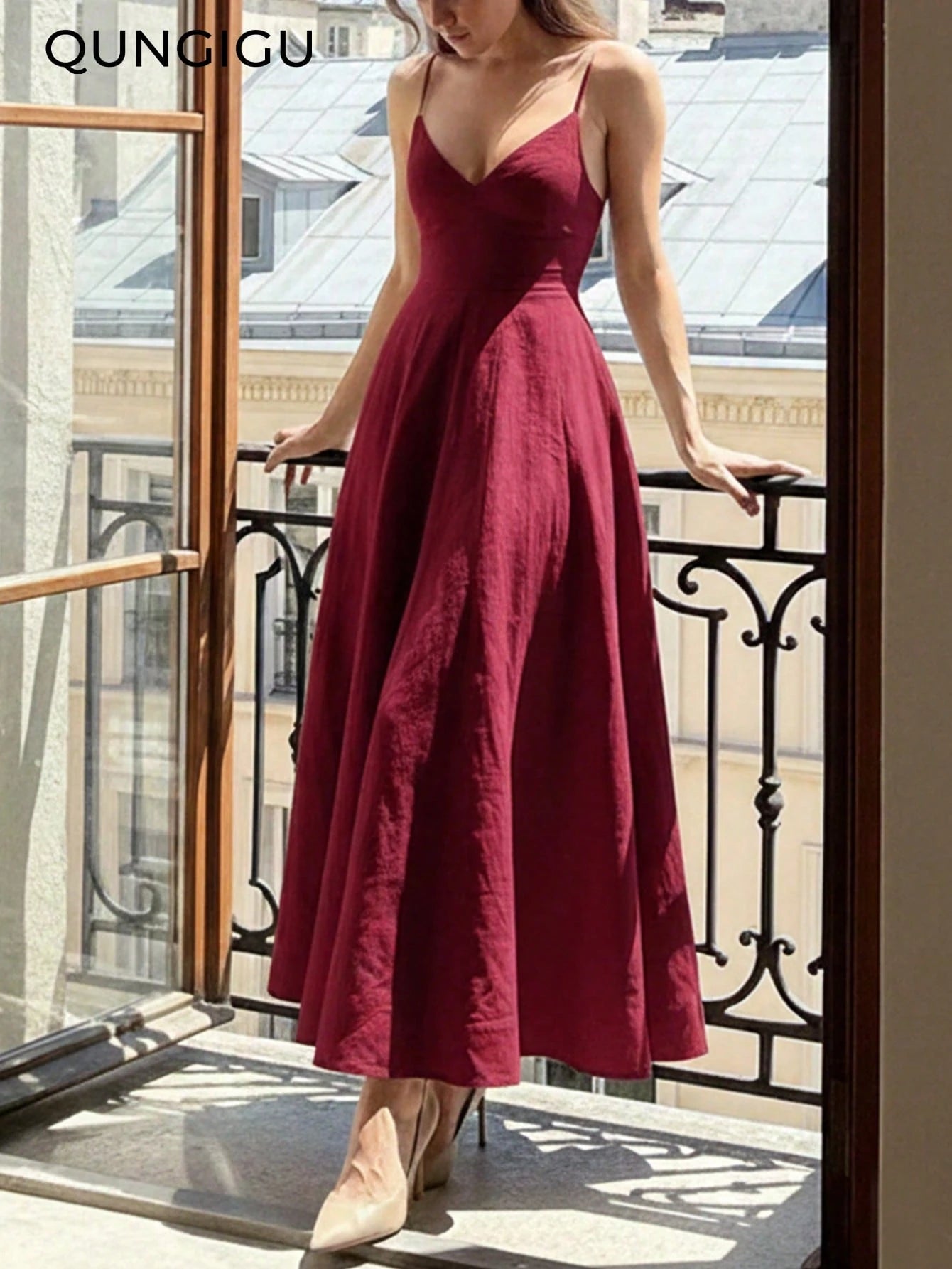 QUNGIGU Women's Elegant Spaghetti Strap Midi Dress V-Neck Linen