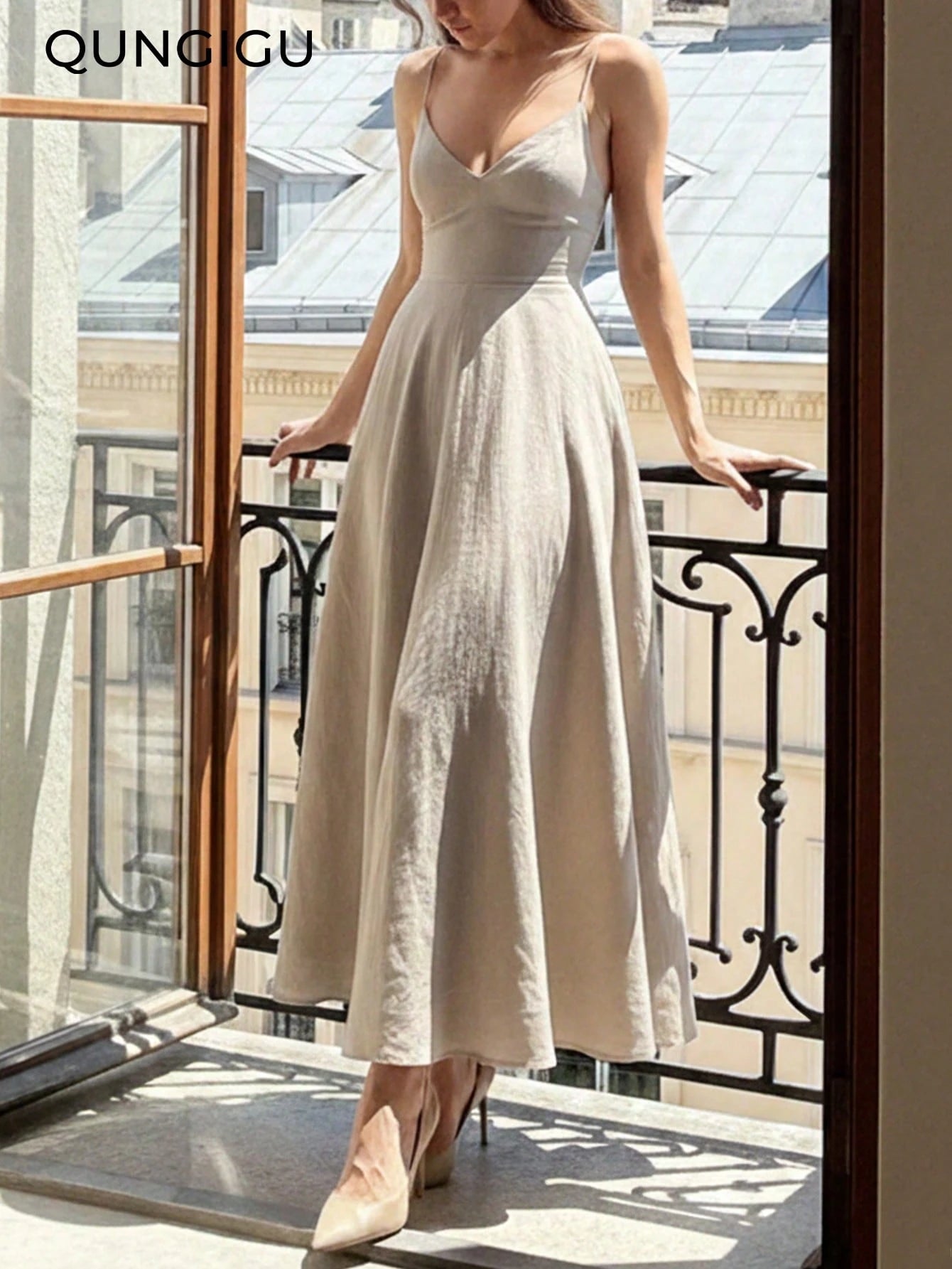 QUNGIGU Women's Elegant Spaghetti Strap Midi Dress V-Neck Linen