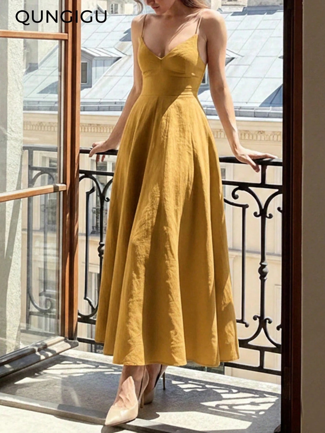 QUNGIGU Women's Elegant Spaghetti Strap Midi Dress V-Neck Linen