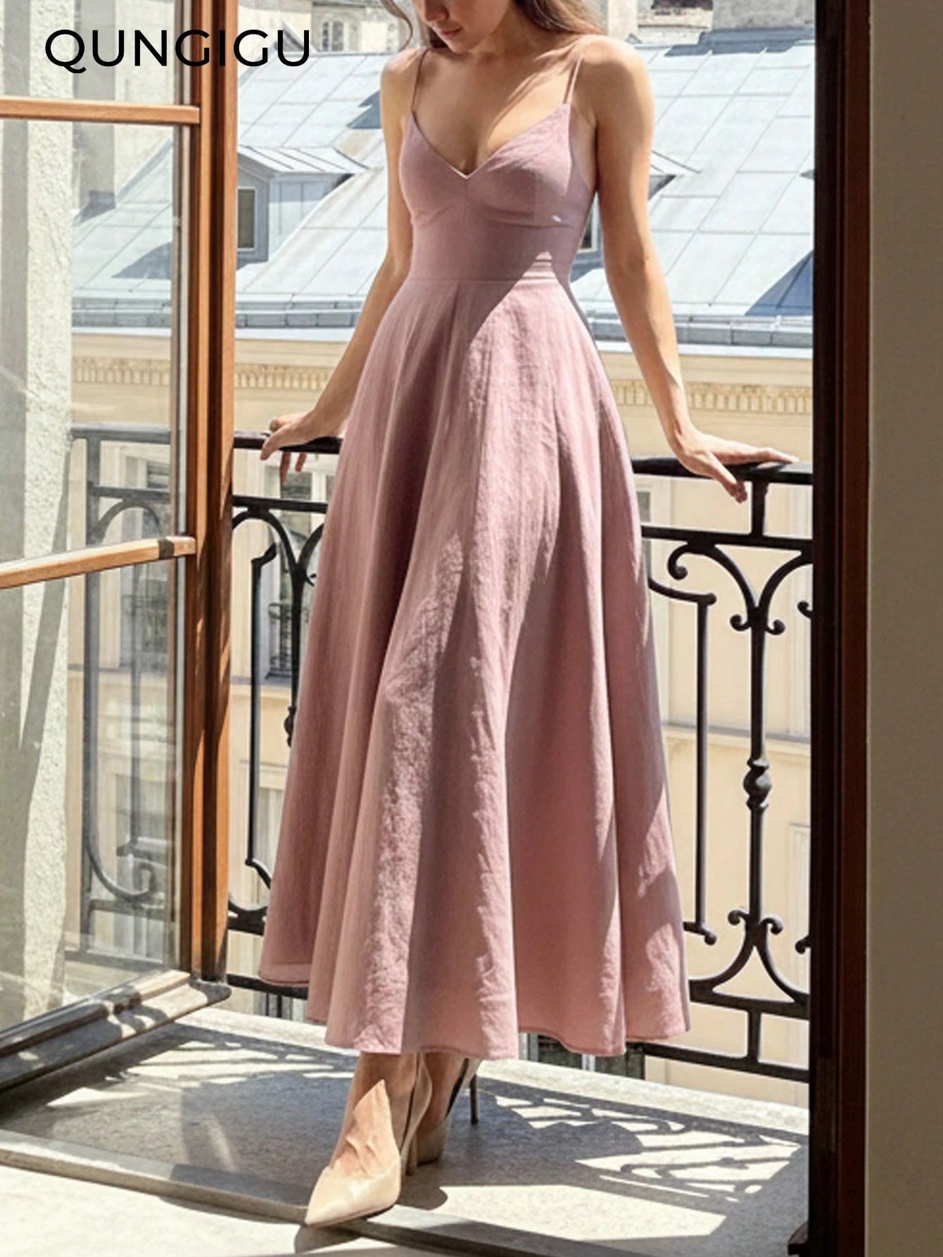 QUNGIGU Women's Elegant Spaghetti Strap Midi Dress V-Neck Linen