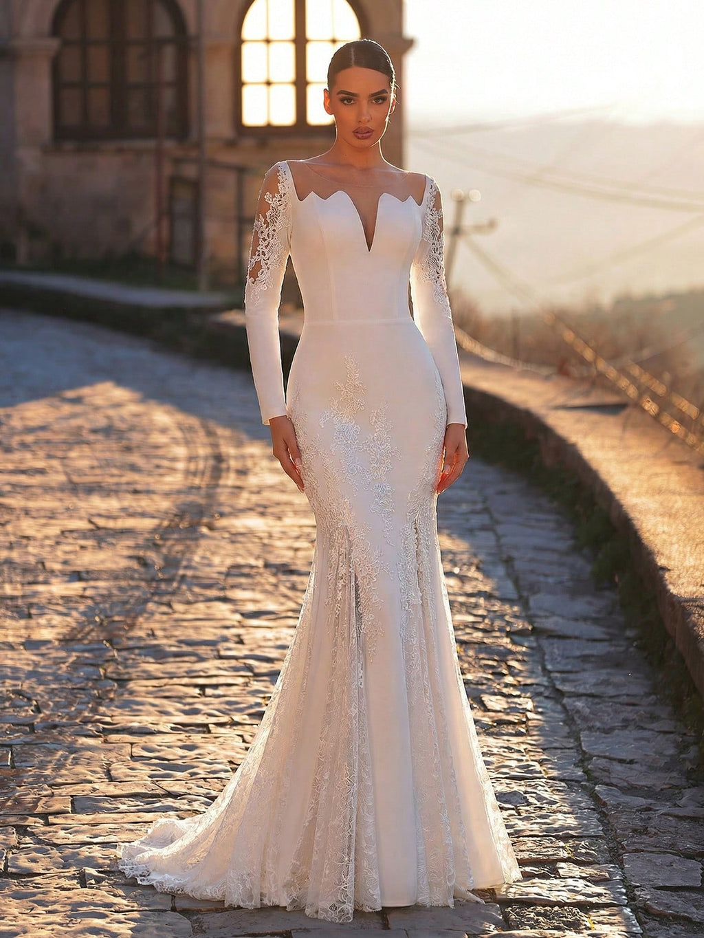 Aureia White,Summer,Elegant,Silky,Formal,Wedding Dress For Women,Long Sleeve Lace Mermaid Gown,Stretch
