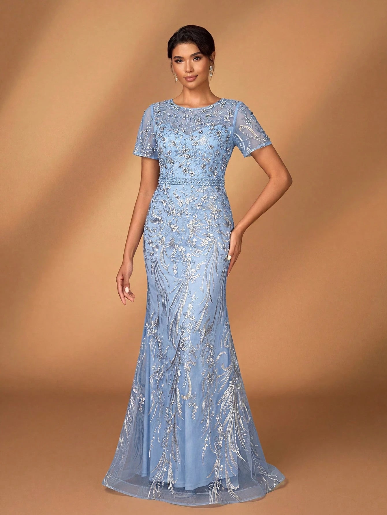 Serin Elegant Luxurious Embroidered Lace Sequin Floral Dusty Pink Dress,Summer Evening Wedding Gown,Faux - image 17
