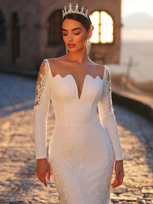 Aureia White,Summer,Elegant,Silky,Formal,Wedding Dress For Women,Long Sleeve Lace Mermaid Gown,Stretch - image 2