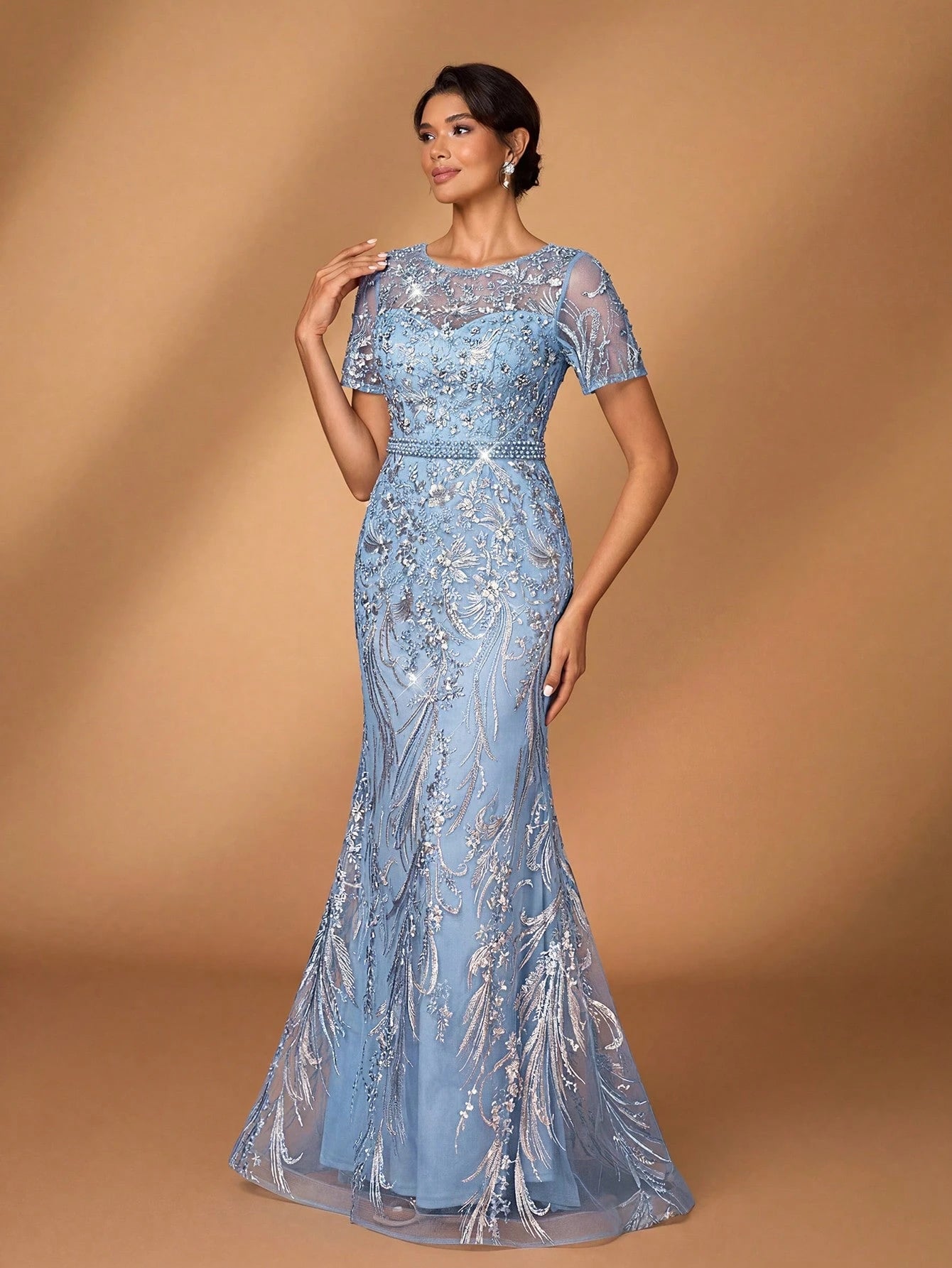 Serin Elegant Luxurious Embroidered Lace Sequin Floral Dusty Pink Dress,Summer Evening Wedding Gown,Faux - image 18