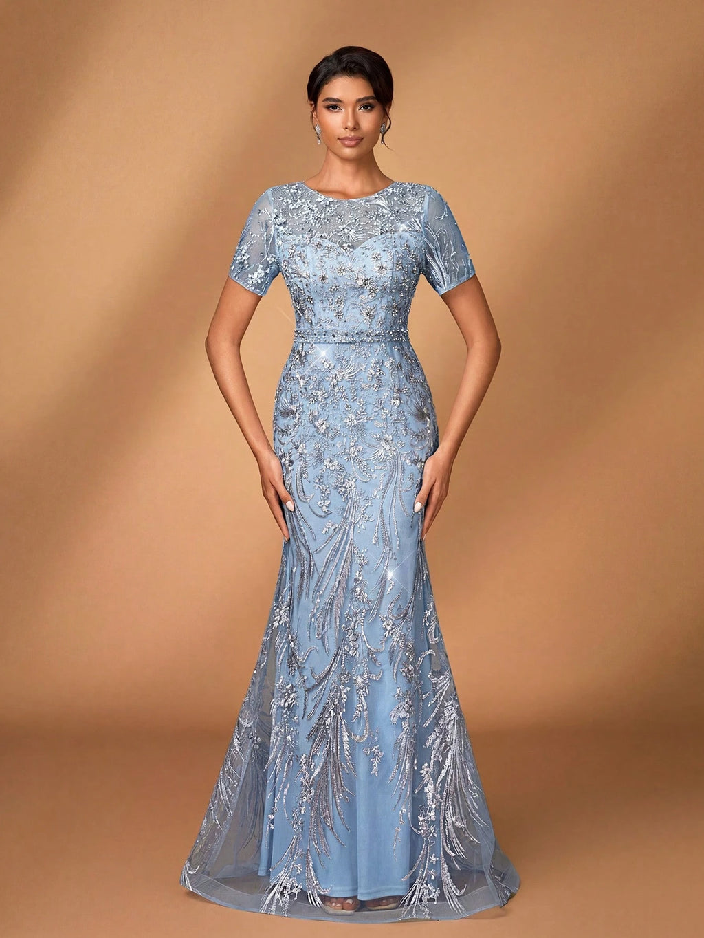 Serin Elegant Luxurious Embroidered Lace Sequin Floral Dusty Pink Dress,Summer Evening Wedding Gown,Faux - image 19