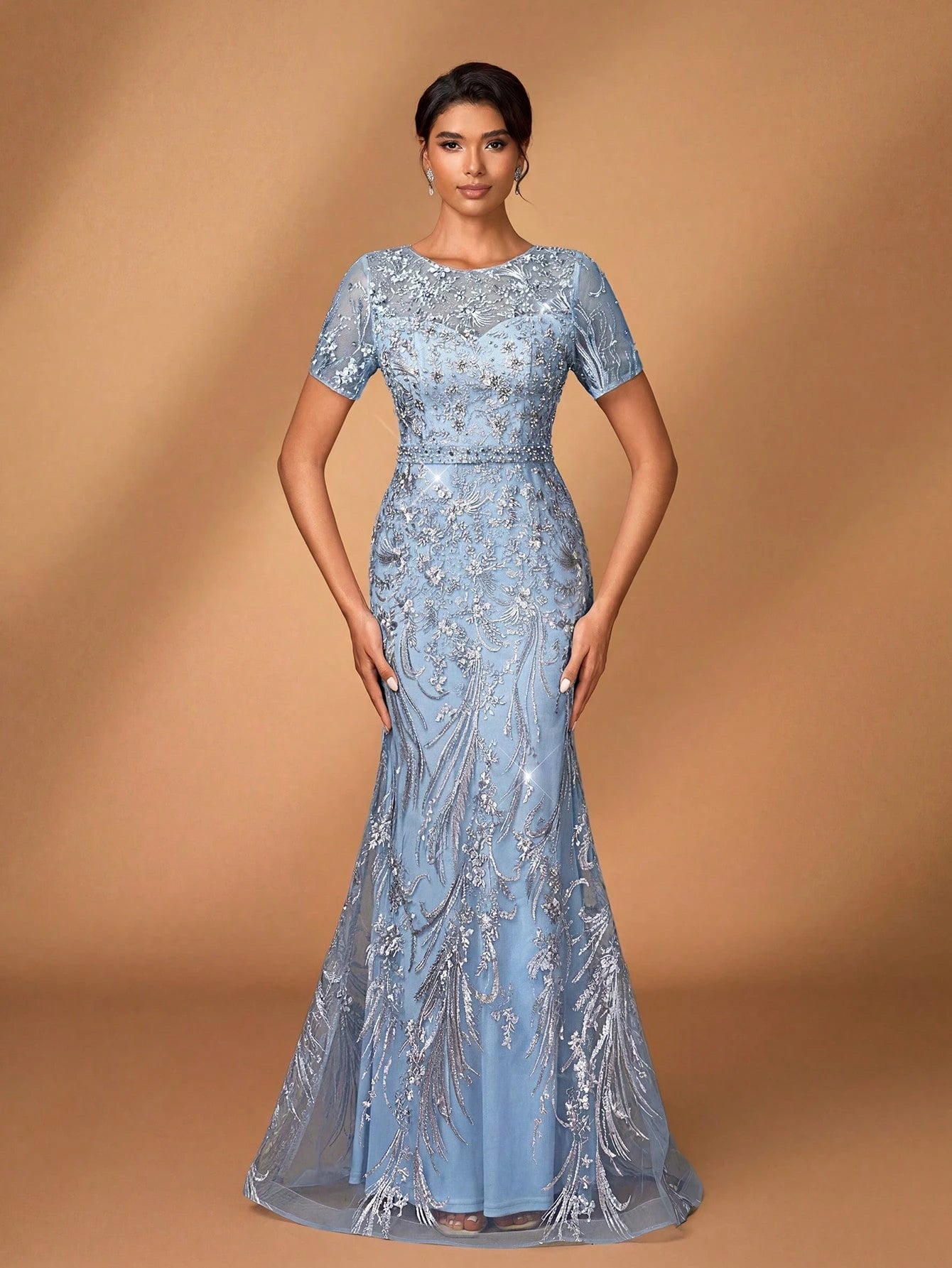 Serin Elegant Luxurious Embroidered Lace Sequin Floral Dusty Pink Dress,Summer Evening Wedding Gown,Faux - image 19