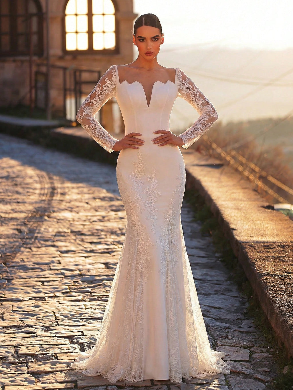 Aureia White,Summer,Elegant,Silky,Formal,Wedding Dress For Women,Long Sleeve Lace Mermaid Gown,Stretch - image 4