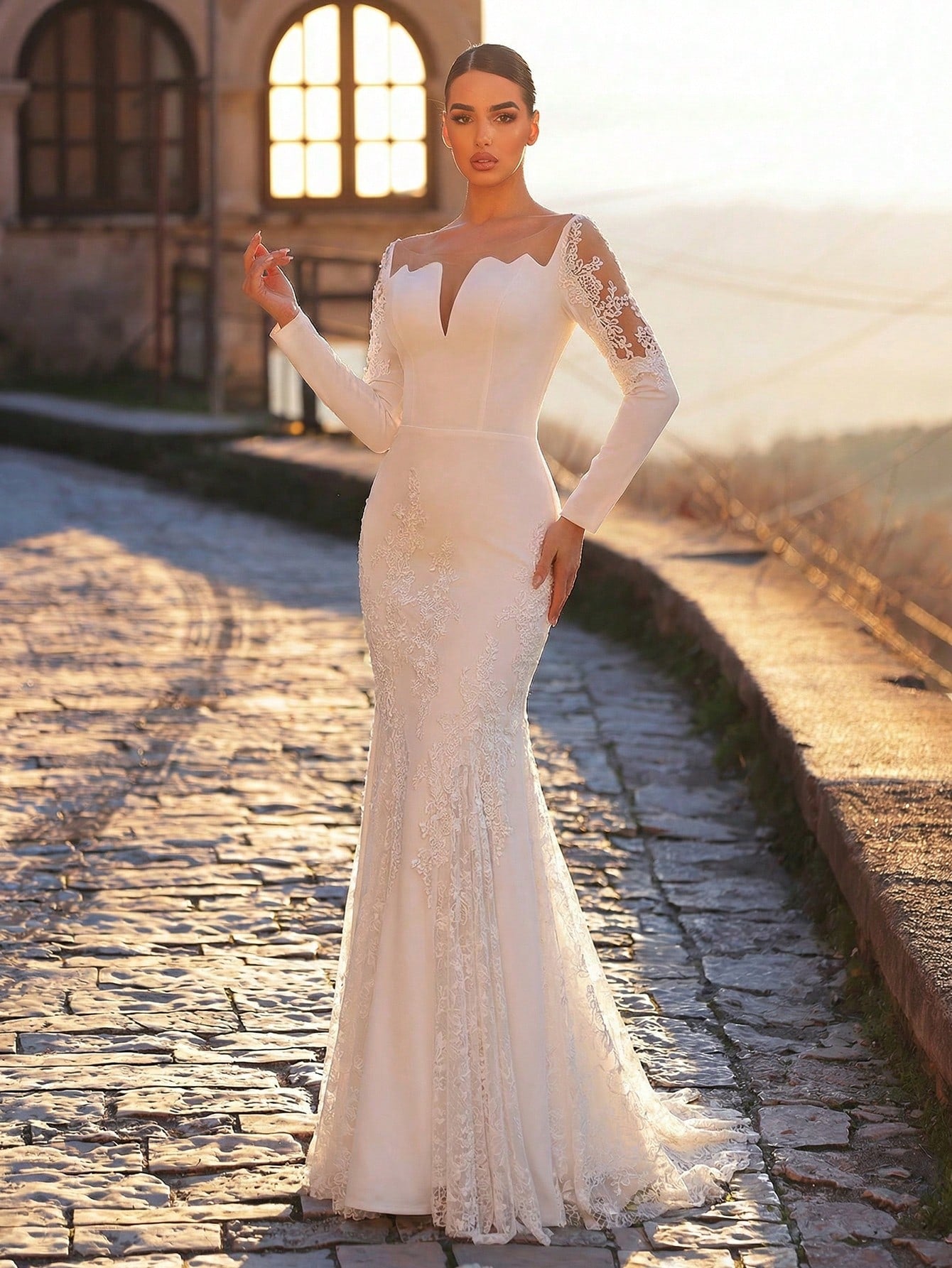 Aureia White,Summer,Elegant,Silky,Formal,Wedding Dress For Women,Long Sleeve Lace Mermaid Gown,Stretch - image 5