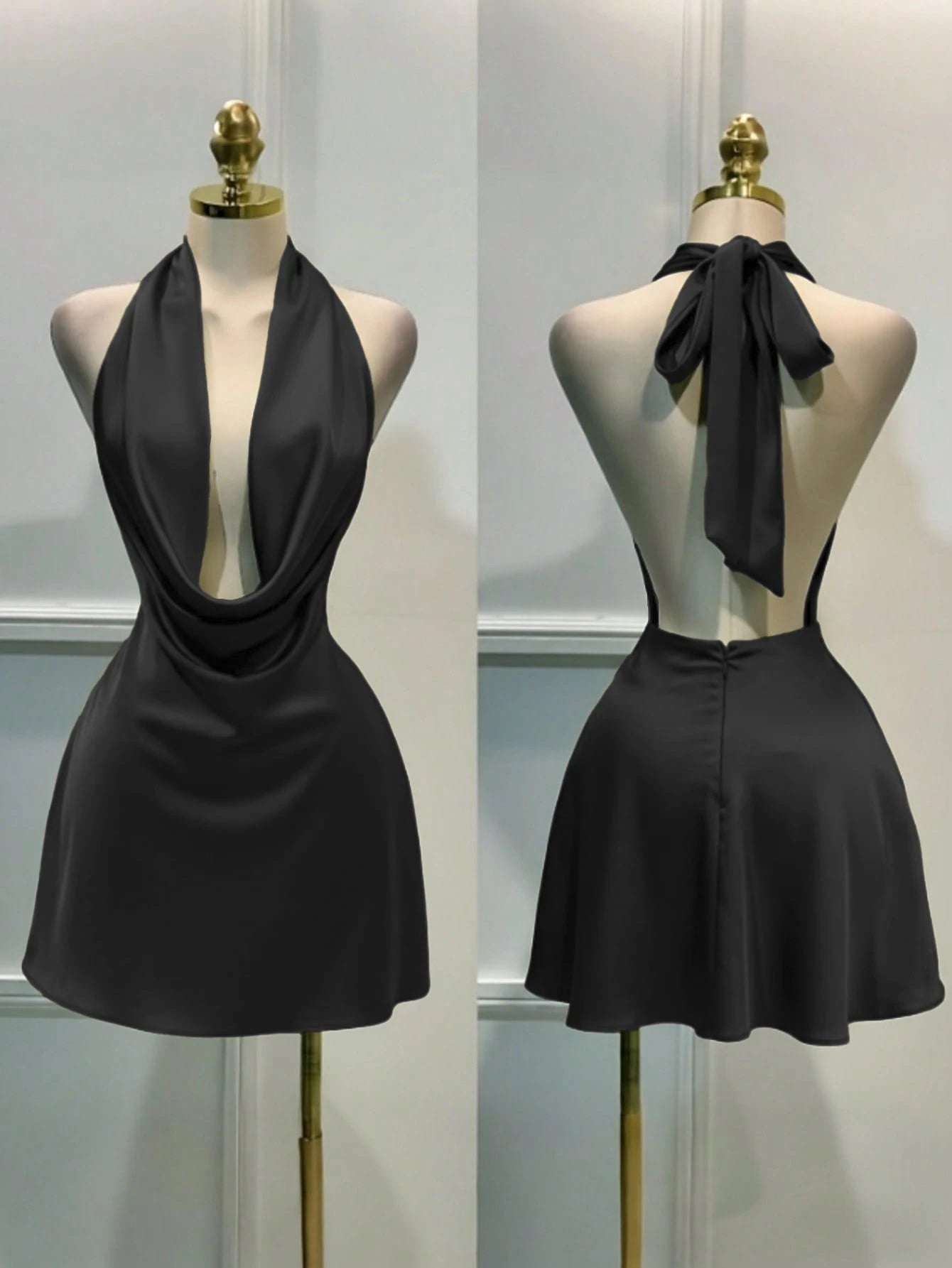 Women's Solid Color Plunging Neckline Backless Sexy Halter Mini Dress