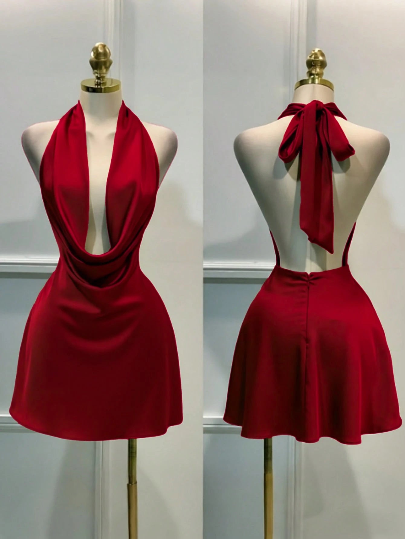 Women's Solid Color Plunging Neckline Backless Sexy Halter Mini Dress Summer Elegant - image 7
