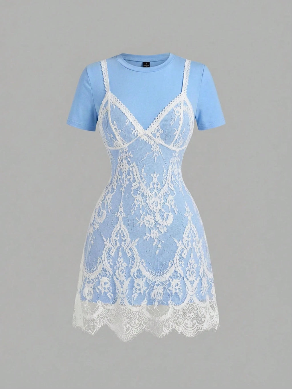 Skyraze Women's Lace Patchwork Round Neck Short Sleeve Mini Dress,