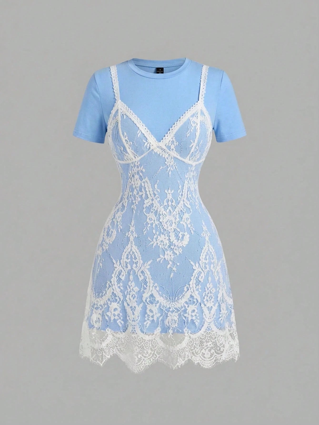 Skyraze Women's Lace Patchwork Round Neck Short Sleeve Mini Dress,