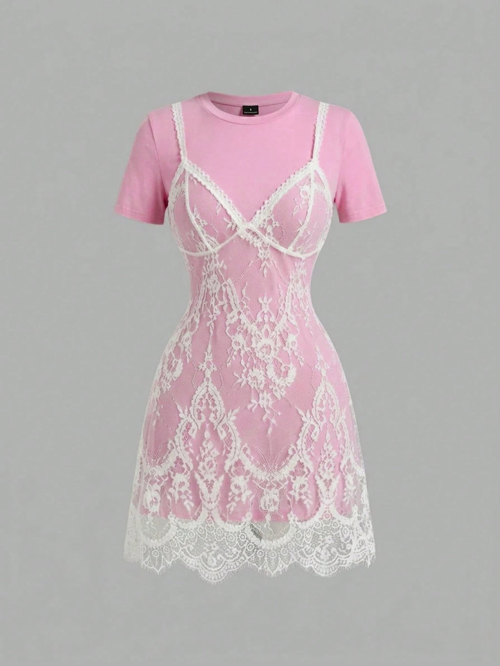 Skyraze Women's Lace Patchwork Round Neck Short Sleeve Mini Dress,