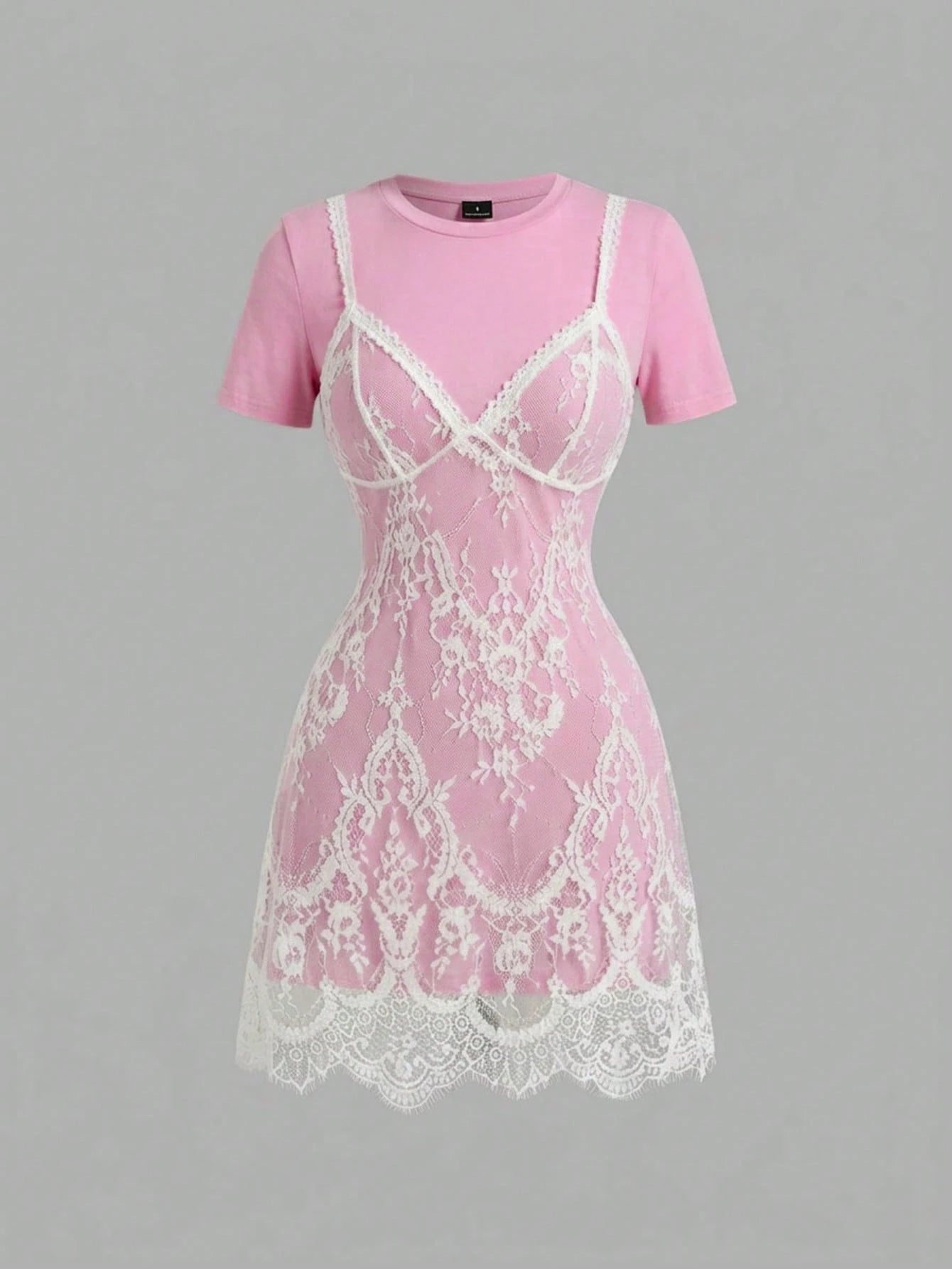 Skyraze Women's Lace Patchwork Round Neck Short Sleeve Mini Dress,