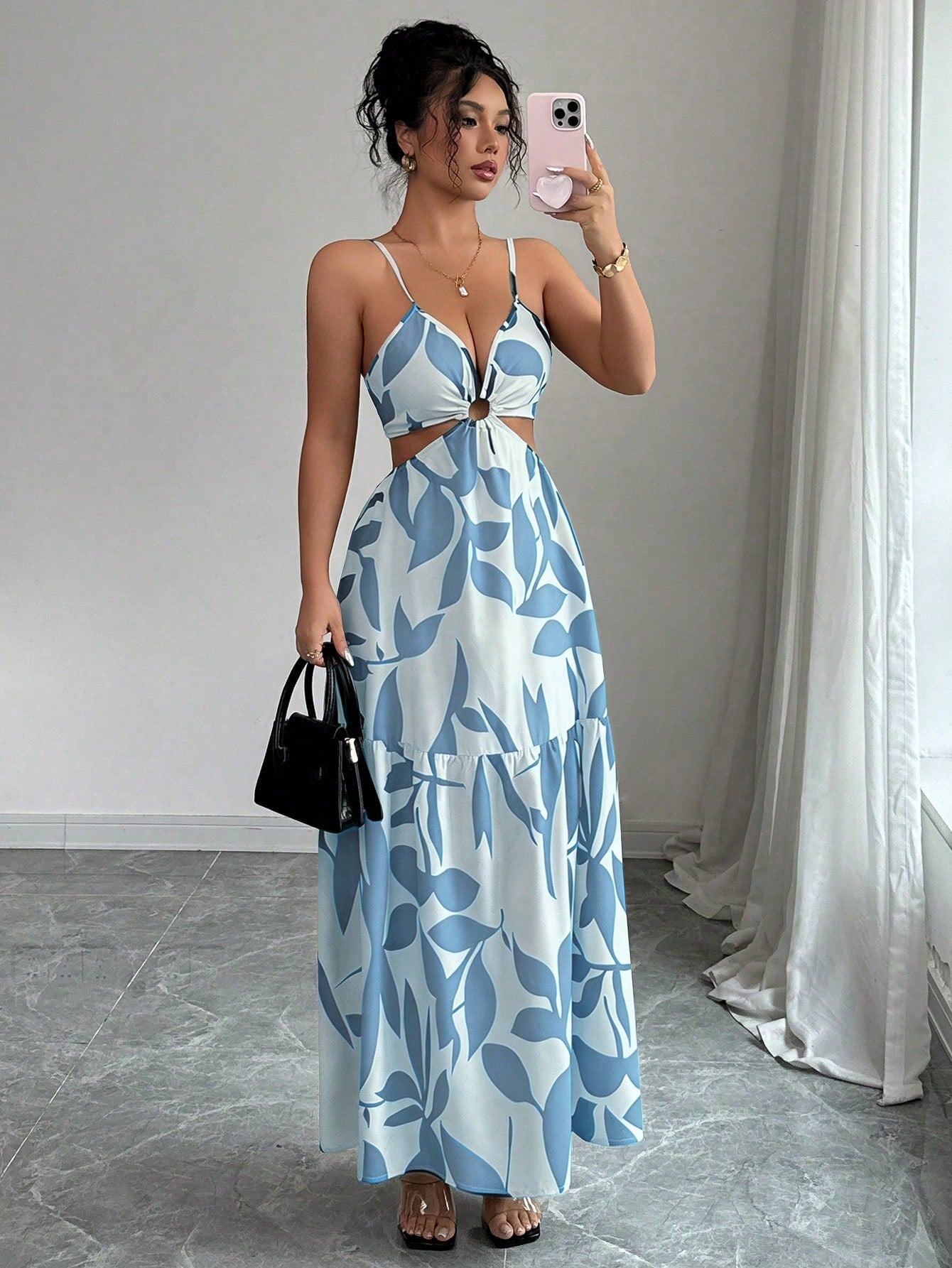 Elenzga Women's Summer New Spaghetti Strap Cinched Waist Dye Print