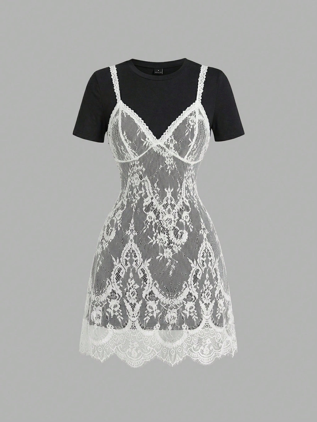 Skyraze Women's Lace Patchwork Round Neck Short Sleeve Mini Dress,