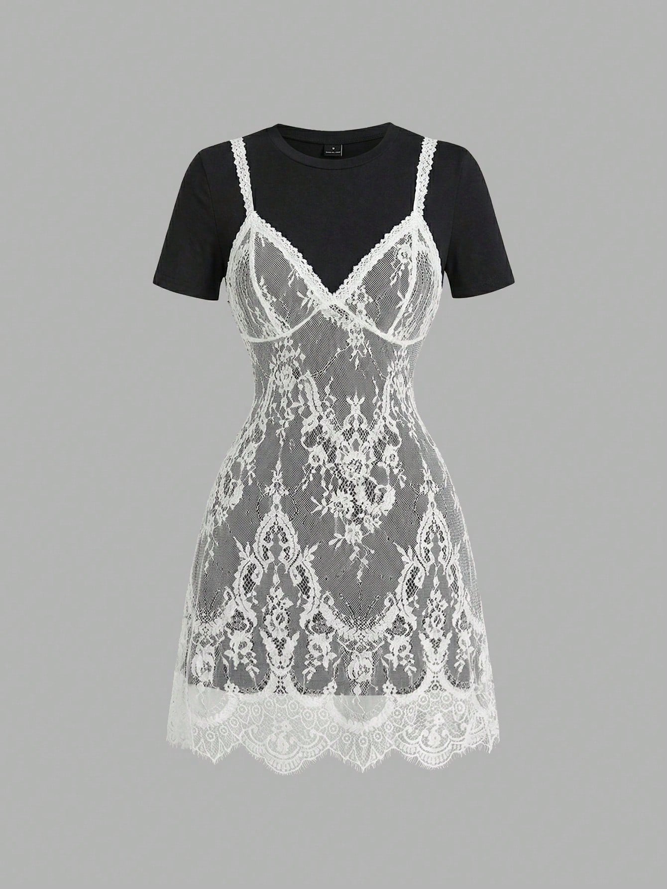 Skyraze Women's Lace Patchwork Round Neck Short Sleeve Mini Dress,