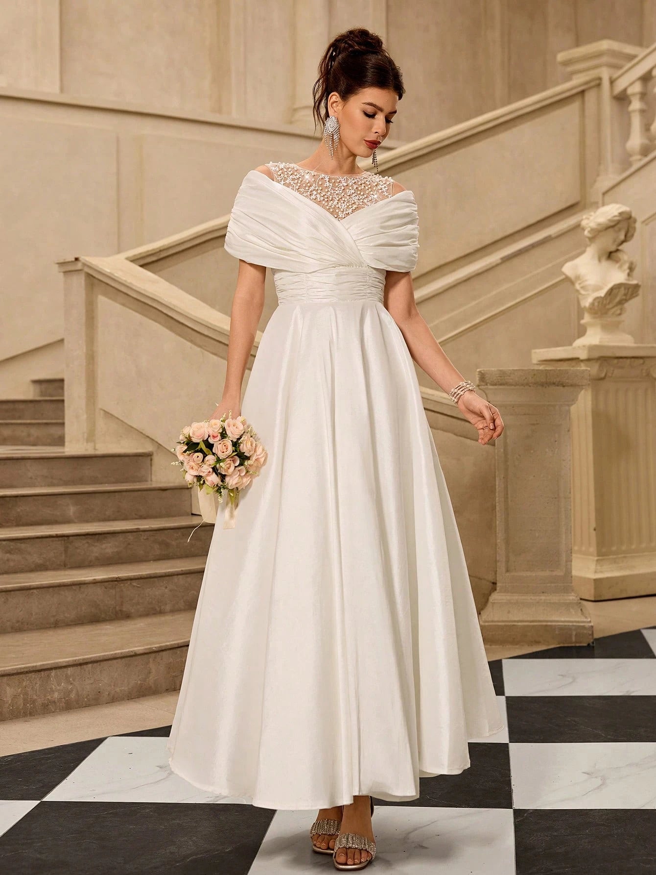 Coutiva Elegant White Summer Silky Wedding Dress,Off-The-Shoulder Pearl-Embellished A-Line Skirt For - image 4