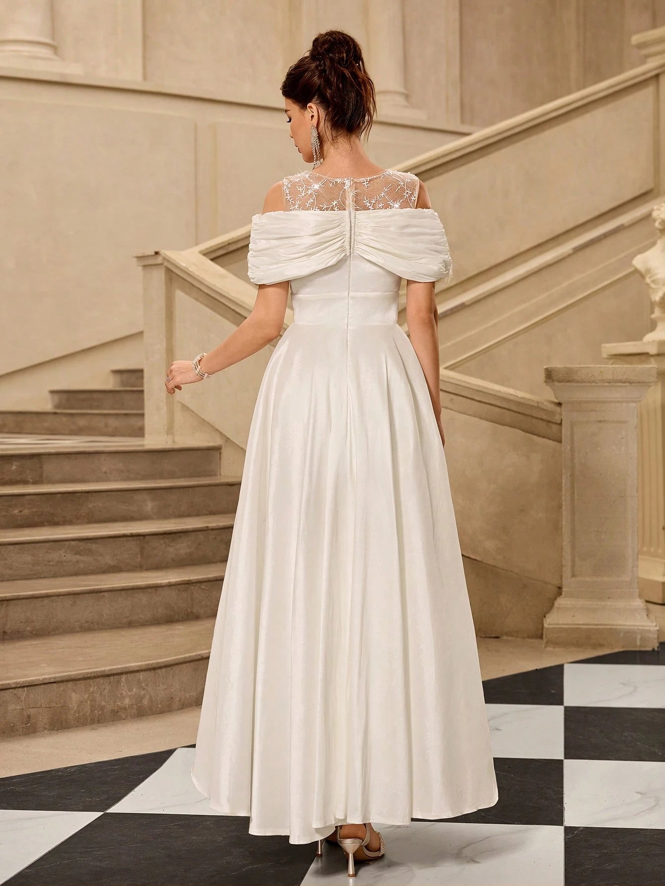 Coutiva Elegant White Summer Silky Wedding Dress,Off-The-Shoulder Pearl-Embellished A-Line Skirt For - image 2