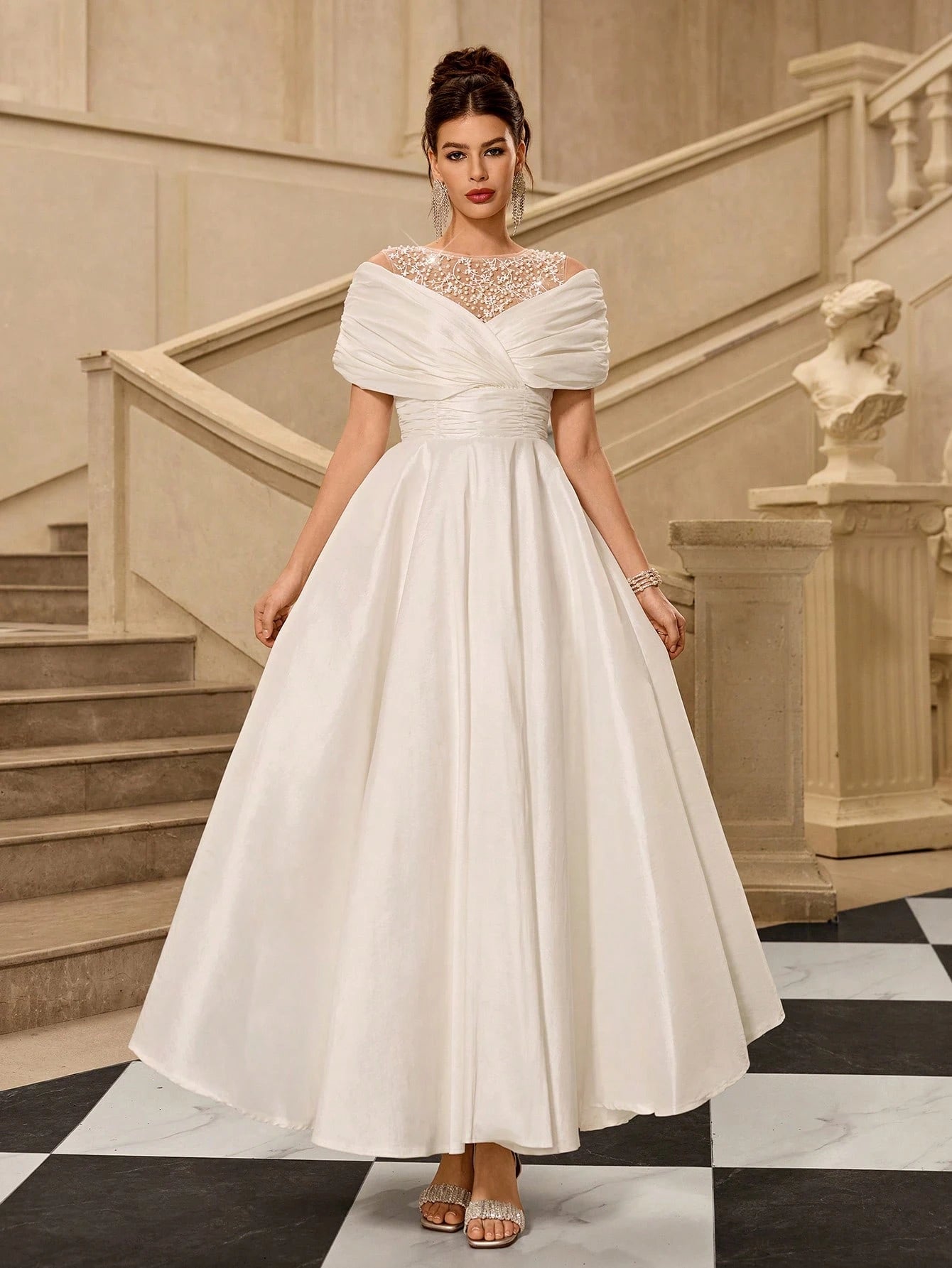 Coutiva Elegant White Summer Silky Wedding Dress,Off-The-Shoulder Pearl-Embellished A-Line Skirt For - image 5