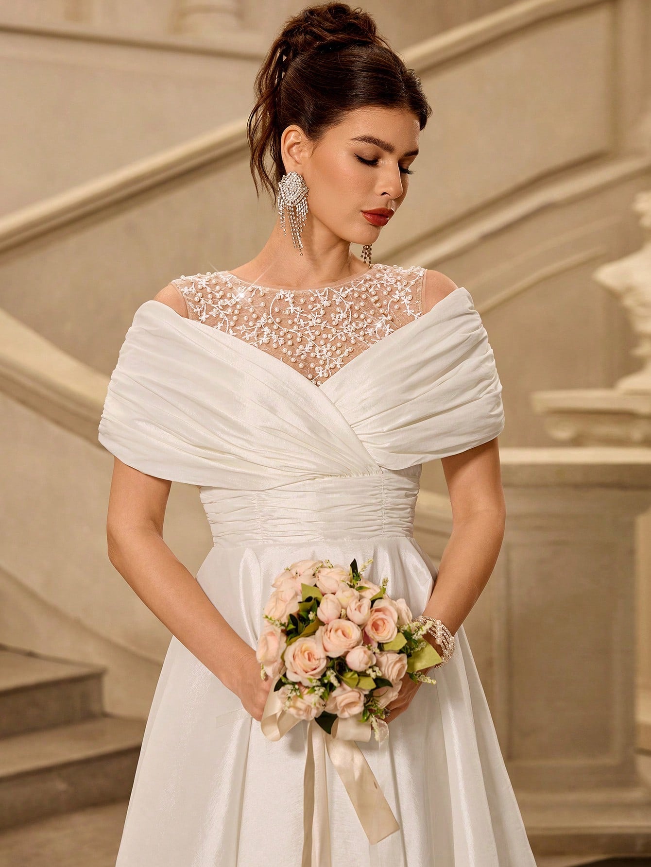Coutiva Elegant White Summer Silky Wedding Dress,Off-The-Shoulder Pearl-Embellished A-Line Skirt For - image 6