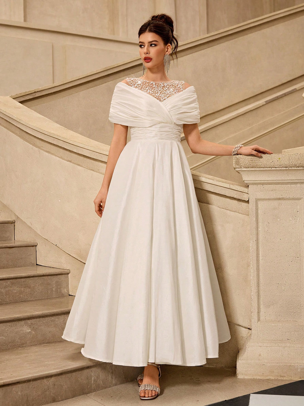 Coutiva Elegant White Summer Silky Wedding Dress,Off-The-Shoulder Pearl-Embellished A-Line Skirt For - image 7