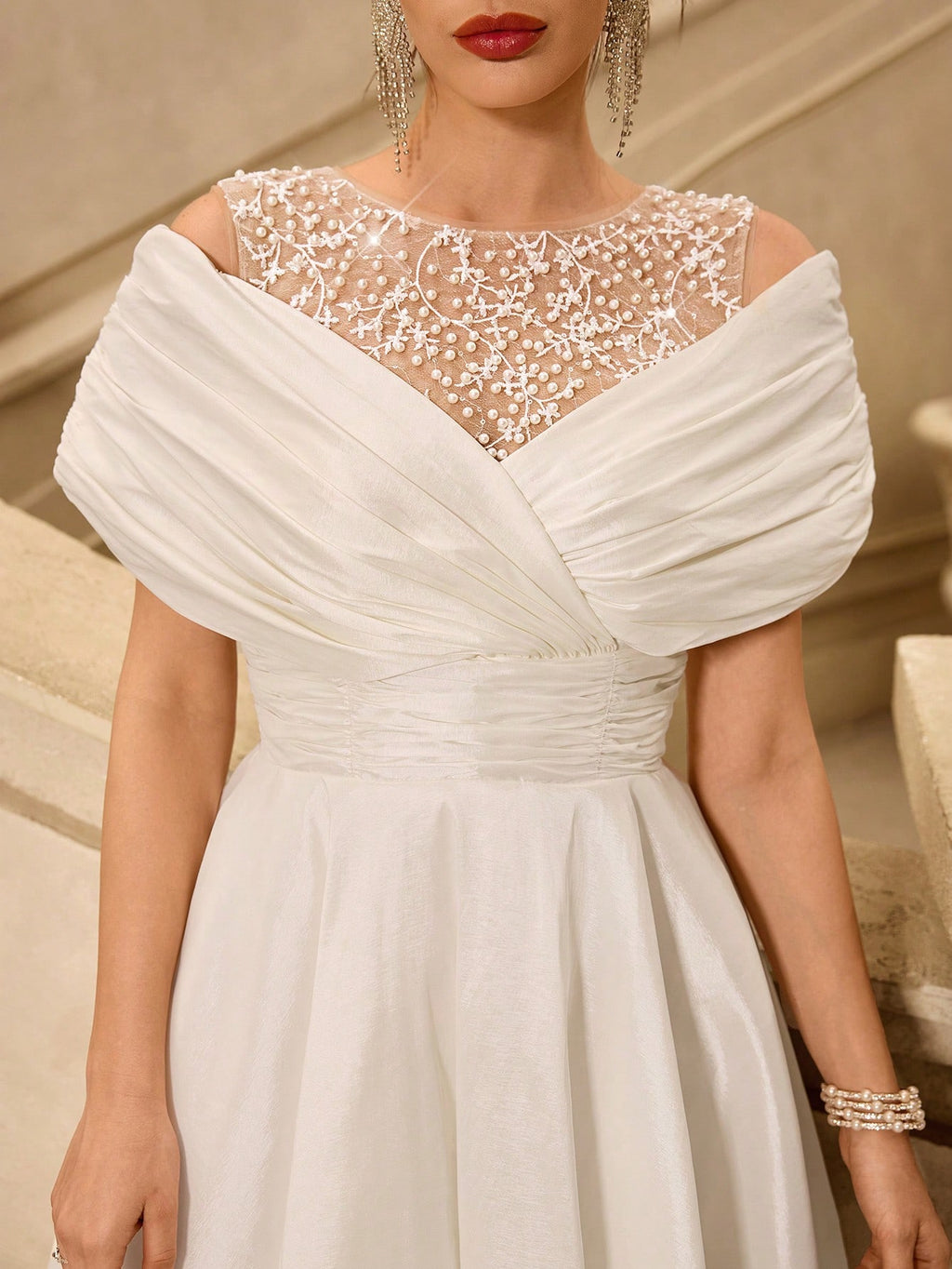 Coutiva Elegant White Summer Silky Wedding Dress,Off-The-Shoulder Pearl-Embellished A-Line Skirt For - image 8