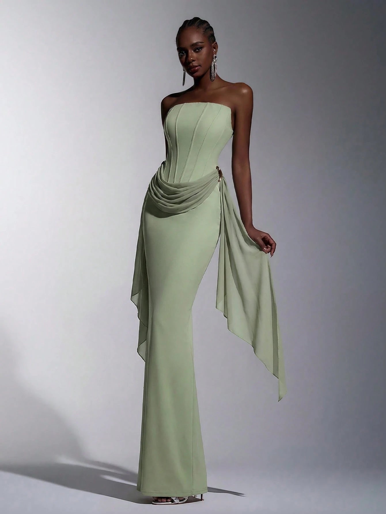 Elitara Sage Green,Summer,Elegant,Formal,Wedding Strapless Dress With Fish Bone & Metal Decor,Back - image 8