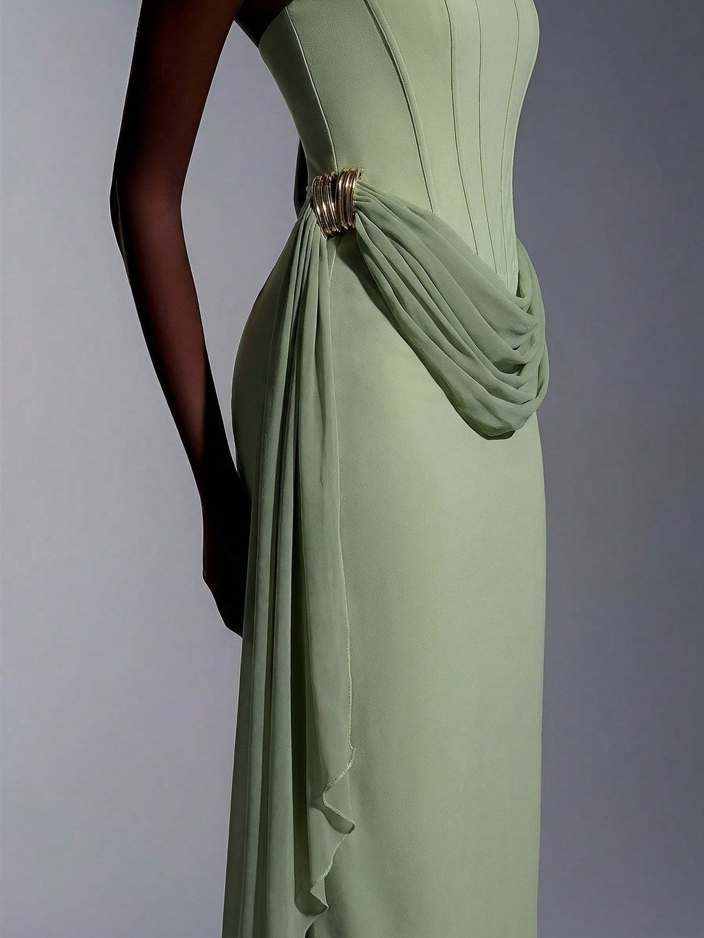 Elitara Sage Green,Summer,Elegant,Formal,Wedding Strapless Dress With Fish Bone & Metal Decor,Back - image 10