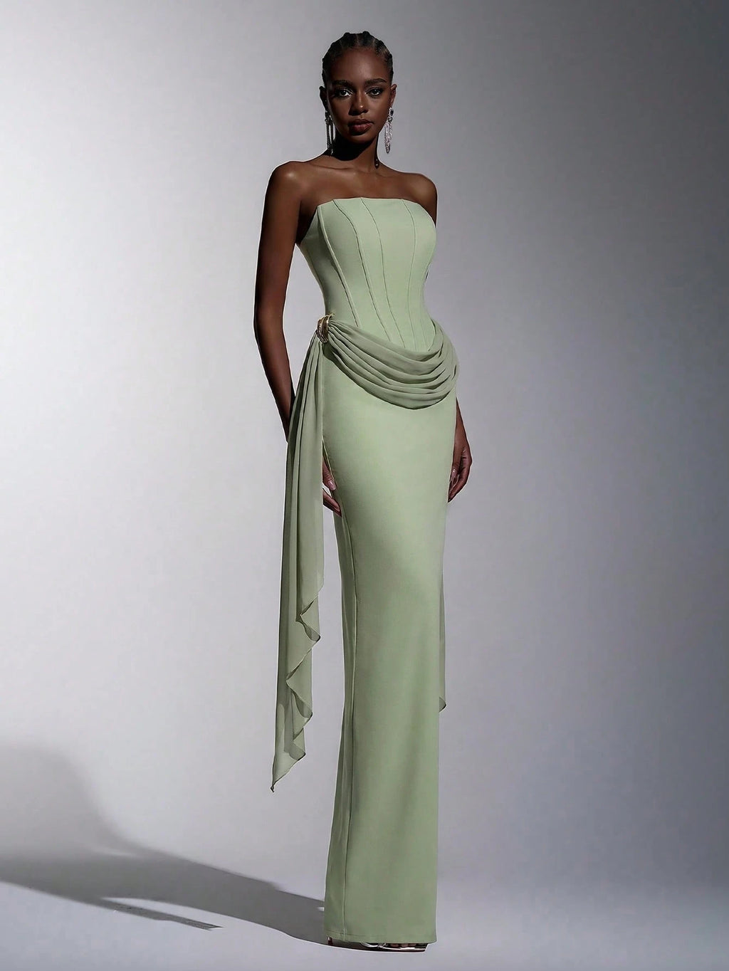Elitara Sage Green,Summer,Elegant,Formal,Wedding Strapless Dress With Fish Bone & Metal Decor,Back - image 11