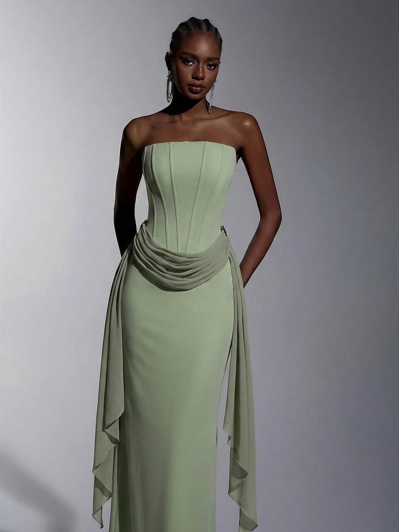 Elitara Sage Green,Summer,Elegant,Formal,Wedding Strapless Dress With Fish Bone & Metal Decor,Back - image 12